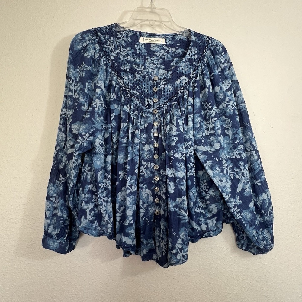 We The Free Free People XS Cool Meadow Blue Floral Cotton Top Boho